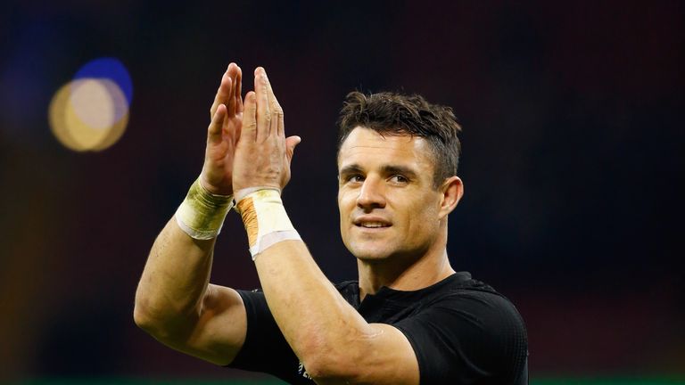 Dan Carter of New Zealand acknowledges the fans after victory in the 2015 Rugby World Cup Quarter Final