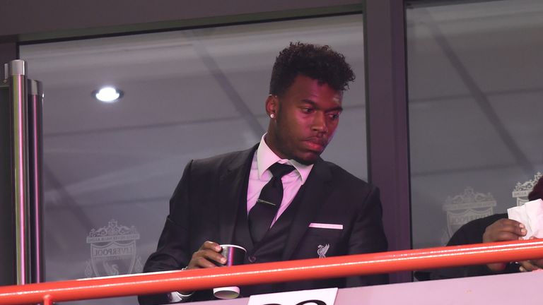 The injured Daniel Sturridge watches from the stands during the UEFA Europa League Group B match between Liverpool and Rubin Kazan