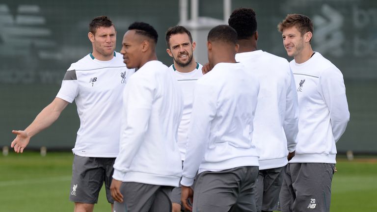 Liverpool's Danny Ings (centre), James Milner (left) and Adam Lallana (right) during training at Melwood ahead of the Europa League clash v FC Sion