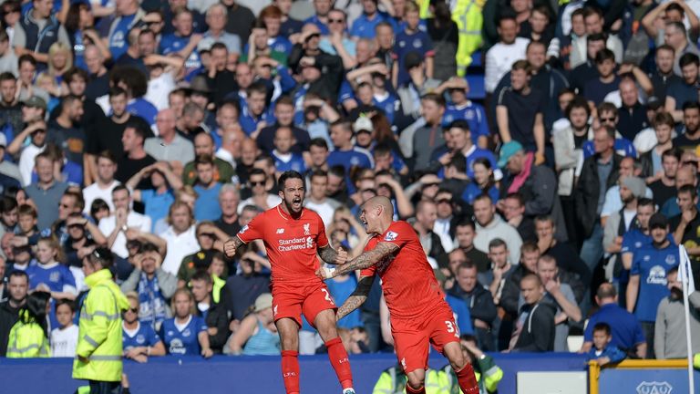 Liverpool's Danny Ings (left) celebrates with Martin Skrtel after heading Liverpool ahead in the 41st minute