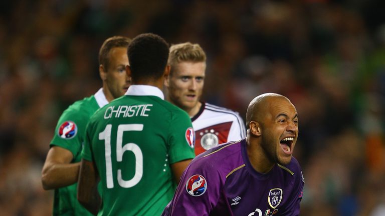 Darren Randolph  of Republic of Ireland reacts during the UEFA EURO 2016 Qualifier group D match against Germany