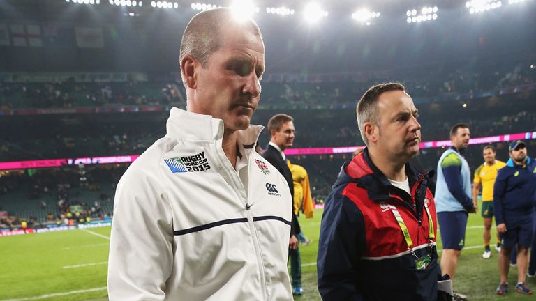  Stuart Lancaster walks off dejected with Dave Barton