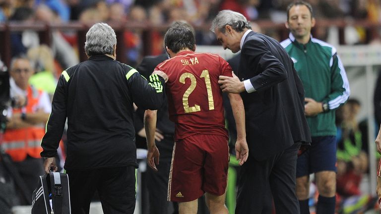 David Silva of Spain comes off injured during the UEFA EURO 2016 Qualifier group C match between Spain and Luxembourg