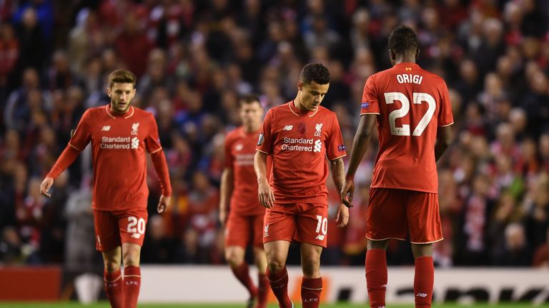 Dejected Liverpool players react after conceding the opening goal during the UEFA Europa League Group B match v Rubin Kazan at Anfield