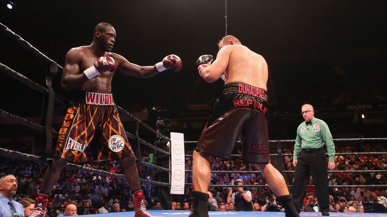 Deontay Wilder and Johann Duhaupas fight at Legacy Arena at the BJCC on September 26, 2015 in Birmingham, Alabama.  (Photo b