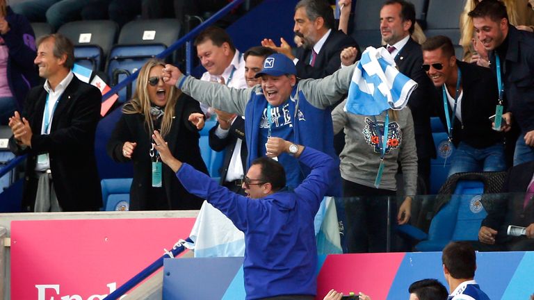 Diego  Maradona (c) celebrates as Argentina beat Tonga in the World Cup at Leicester