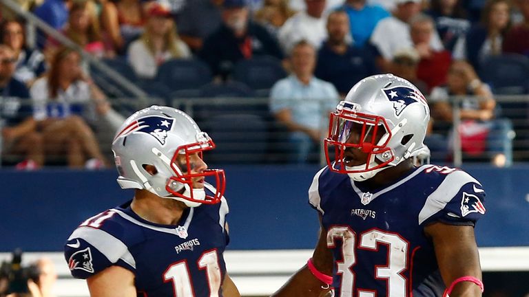 Julian Edelman of the New England Patriots and Dion Lewis 