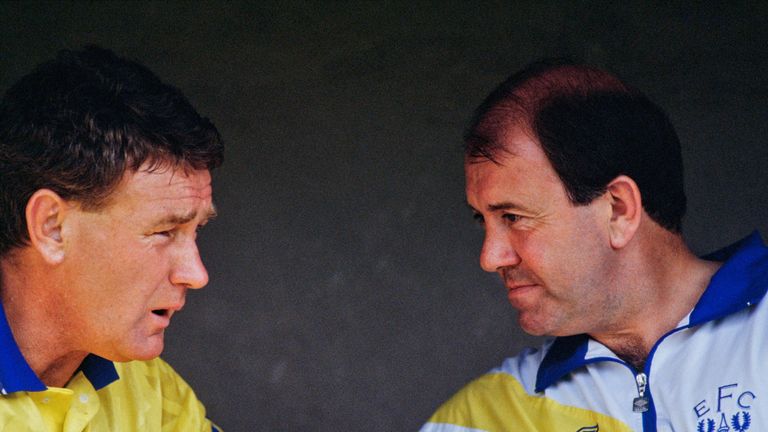 Everton FC coach Colin Harvey (left) with the team's manager Howard Kendall, circa 1985.