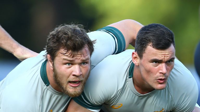 Duane Vermeulen and Jesse Kriel block during the South Africa training session at Pennyhill Park