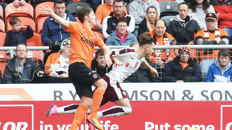 Sam Nicholson (right) won the penalty which won Hearts three points at Dundee United