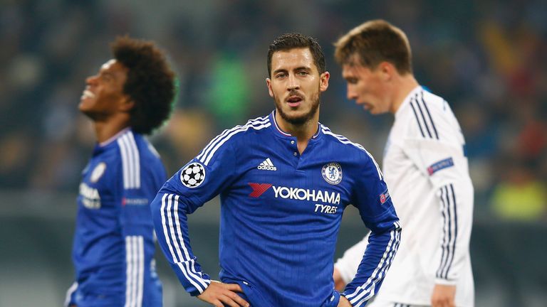 Eden Hazard of Chelsea looks on during the UEFA Champions League Group G match between FC Dynamo Kyiv