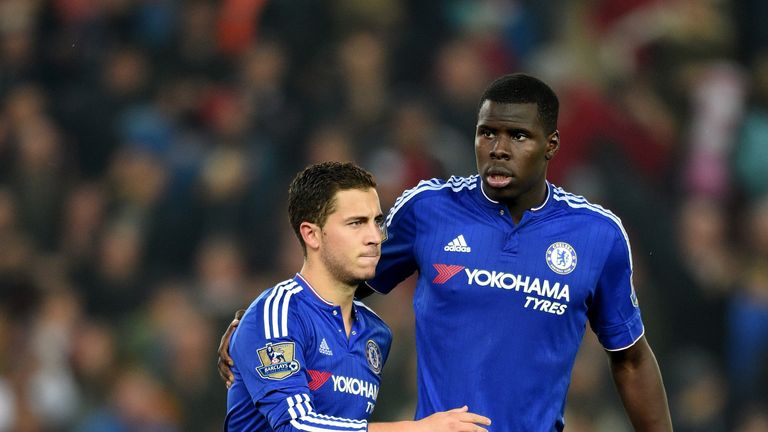 Eden Hazard of Chelsea with Kurt Zouma of Chelsea after missing the final penalty 
