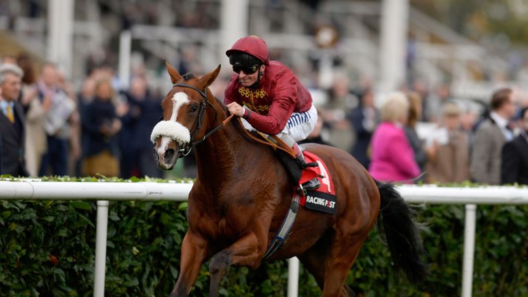DONCASTER, ENGLAND - OCTOBER 25:  Andrea Atzeni riding Elm Park win The Racing Post Trophy at Doncaster racecourse on October 25, 2014 in Doncaster, Englan