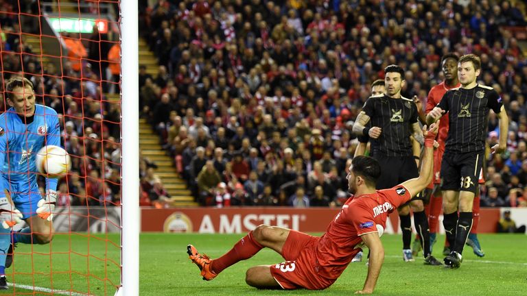 Emre Can of Liverpool scores a goal to level the scores at 1-1 during the UEFA Europa League Group B match v Rubin Kazan