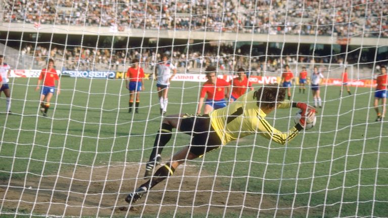 England Goalkeeper Ray Clemence saves a penalty during the European Championship match against Spain in Naples, Italy at Euro 1980