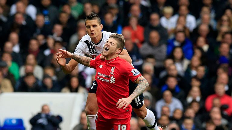 Tottenham Hotspur's Erik Lamela battles for the ball with Liverpool's Alberto Moreno during the Barclays Premier League match at White Hart Lane, London. P