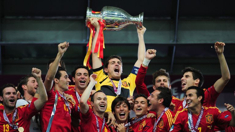 Iker Casillas of Spain lifts the trophy after victory during the UEFA EURO 2012 final match between Spain and Italy