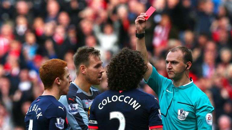 Fabricio Coloccini of Newcastle is sent off as his side lost 3-0.