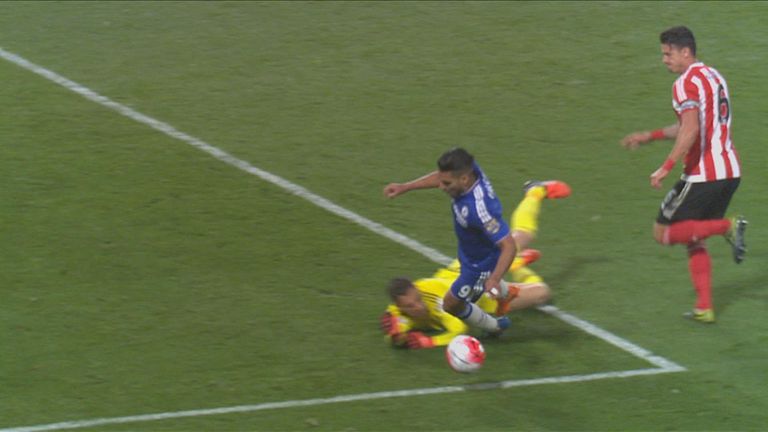Falcao goes down before Maarten Stekelenburg touches him in the penalty area
