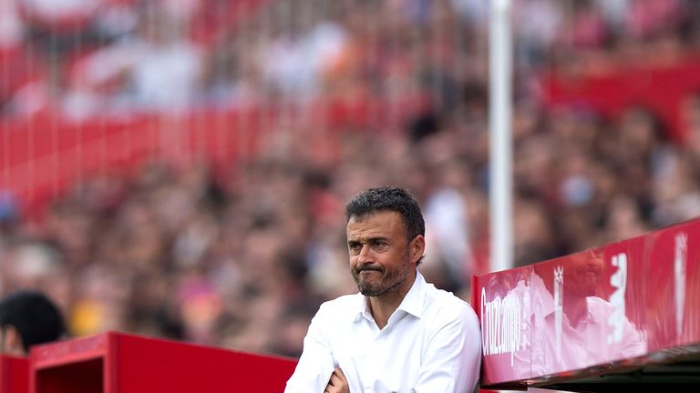 Head coach Luis Enrique of FC Barcelona reacts on the bench during the La Liga match against Sevilla