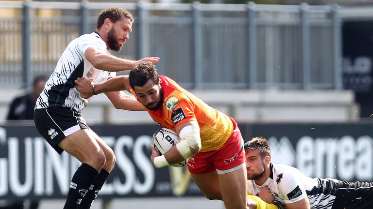 Scarlets' Gareth Owen takes on Zebre's Michele Sutto as the Welsh side wins in Italy