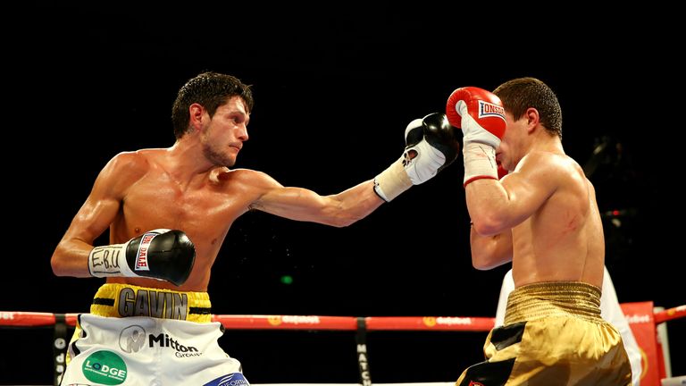 Gavin McDonnell (L) of Great Britain fights Oleksandr Yegorov (R) of Ukraine during the vacant european super Bantamweight 