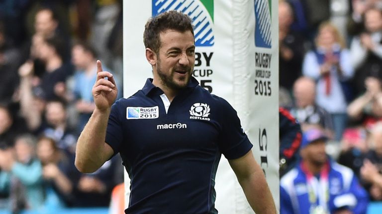 Scotland's scrum half and captain Greig Laidlaw celebrates  after winning a  Pool B match of the 2015 