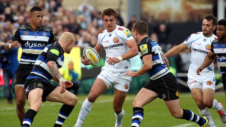 BATH, ENGLAND - OCTOBER 17:  Henry Slade of Exeter Chiefs by Tom Homer and George Ford of Bath Rugby during the Aviva Premiership match between Bath Rugby 
