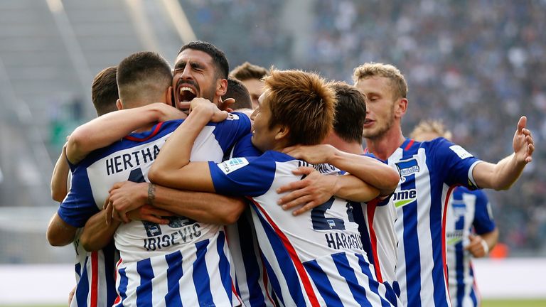 Vedad Ibisevic (L) celebrates with team mates after scoring his team's second goal during the Bundesliga match between Hertha BSC and Hamburger SV