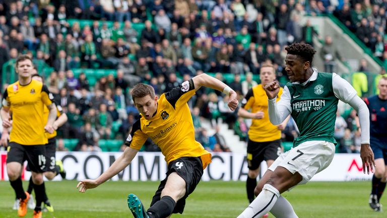 Dominique Malonga (right) scored Hibernian's opener against Dumbarton