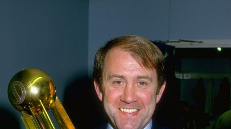 Everton manager Howard Kendall holds the Canon League Division One trophy 