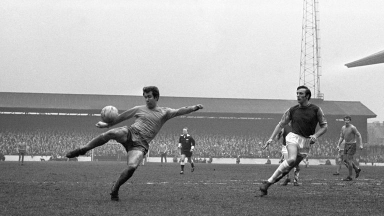 Howard Kendall strikes a volley for Everton against West Ham at the Boleyn Ground in 1969