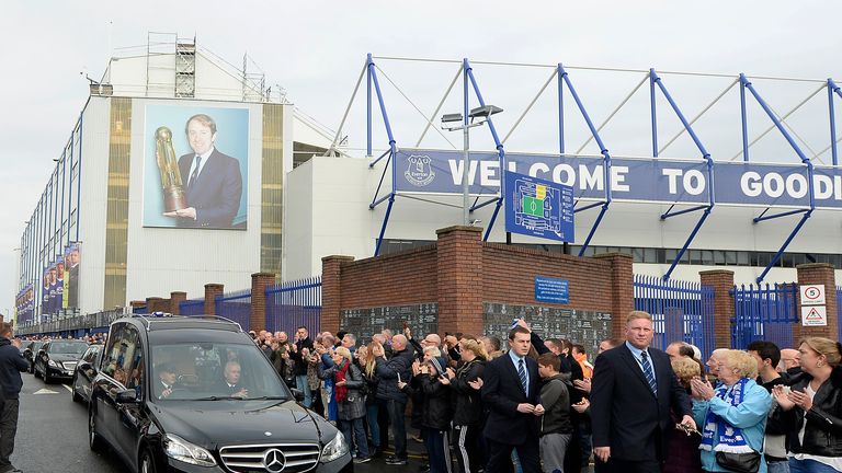 Mourners line Goodison Street as the funeral cortege passes before the funeral of Howard Kendall at Goodison Park, Liverpool.