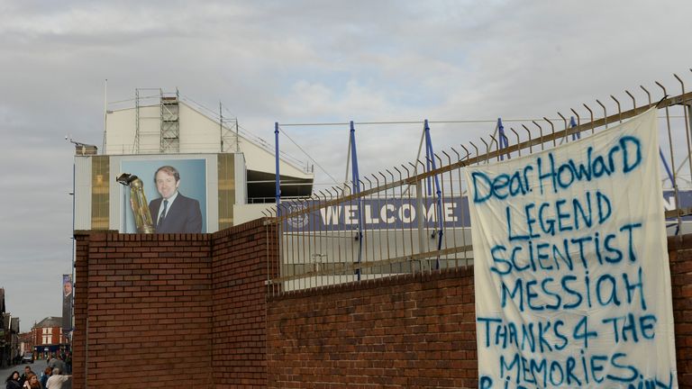 A tribute to is left outside Goodison Park before the funeral of Howard Kendall
