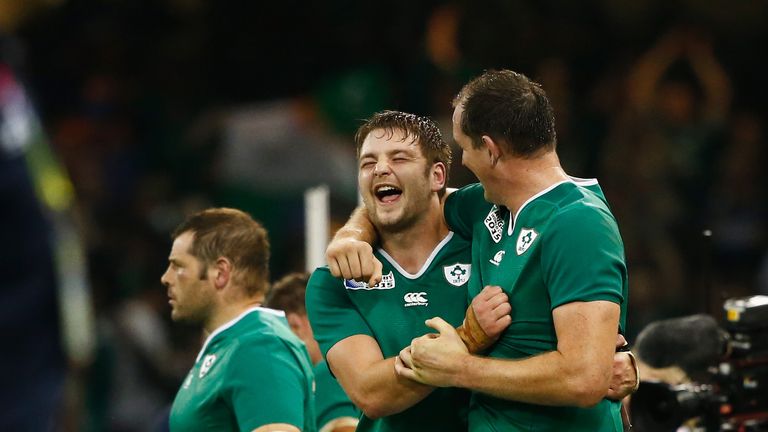 Iain Henderson and Devin Toner of Ireland celebrate at the end of  the 2015 Rugby World Cup Pool D match between France and Ireland at Millennium Stadium