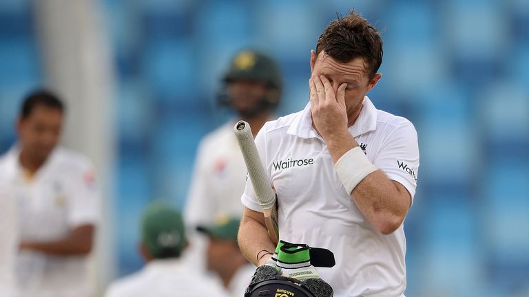 Ian Bell of England leaves the field after being dismissed 