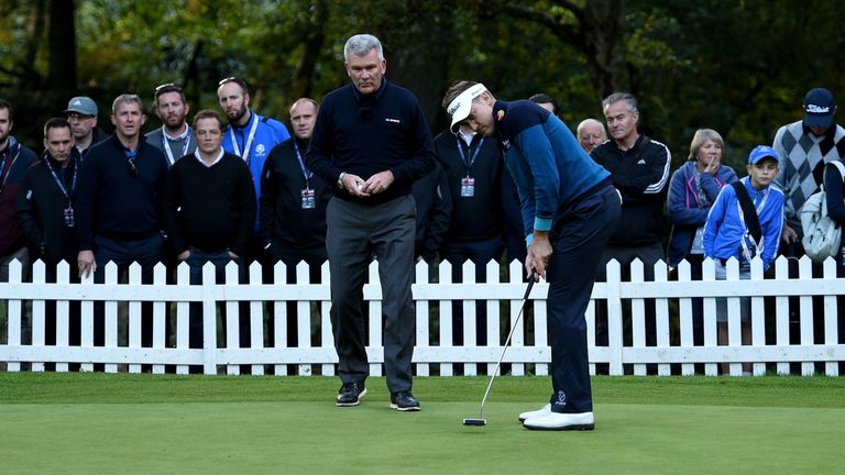 Tournament host Ian Poulter conducts a putting clinic with Tim Barter. Plenty of youngsters flocked to the Masterclasses
