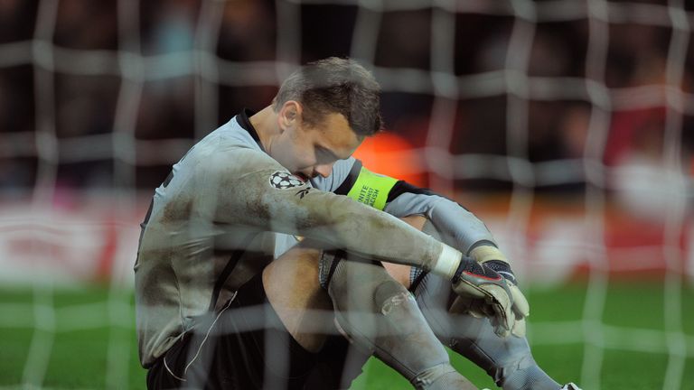 CSKA Moscow's Russian goalkeeper Igor Akinfeev reacts after Manchester United recovered to draw against CSKA Moscow during their UEFA Champions League Grou