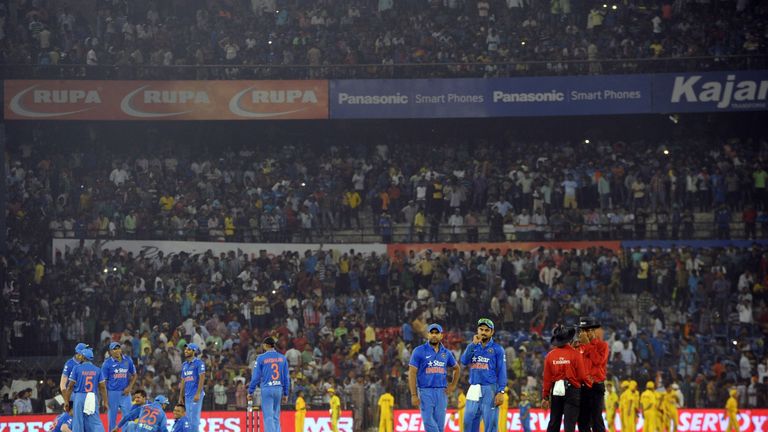 Play is interrupted by crowd trouble during the T20 international between India and South Africa in Cuttack