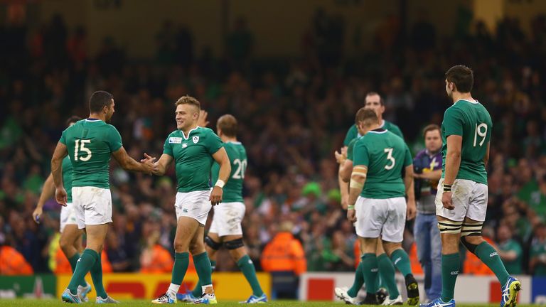 Rob Kearney and Ian Madigan shakes hands after Ireland's World Cup win over France