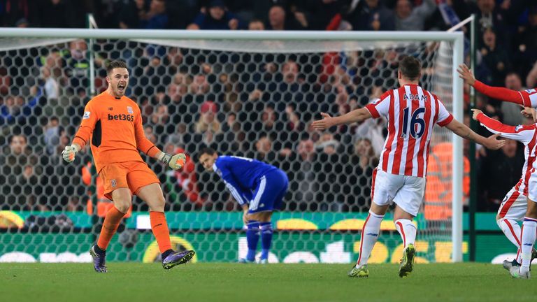 Stoke City goalkeeper Jack Butland celebrates after saving Eden Hazard's penalty