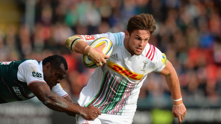 LEICESTER, ENGLAND - OCTOBER 25:  Jack Clifford  of Harlequins is tackled by Vereniki Goneva of Leicester Tigers during the Aviva Premiership match between