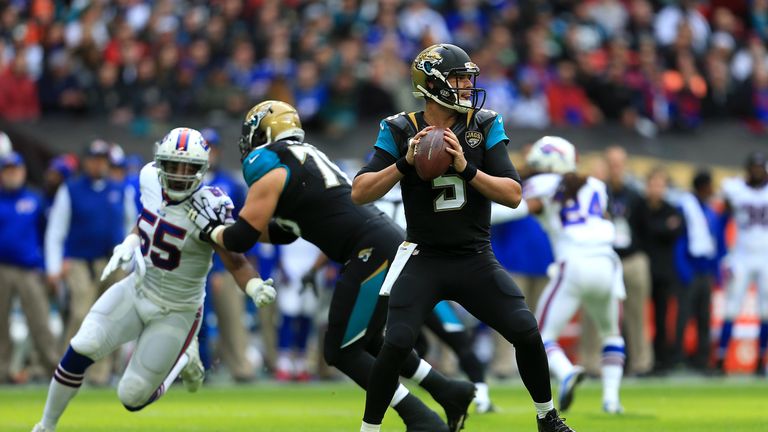 Blake Bortles #5 of the Jacksonville Jaguars throws against the Buffalo Bills during the NFL game at Wembley Stadium on Octo