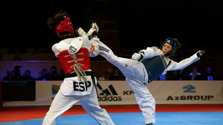 Great Britain's Jade Jones (right) in action against Spain's Eva Calvo Gomez during the Women's -57 final match during day two of the WTF World Taekwondo C