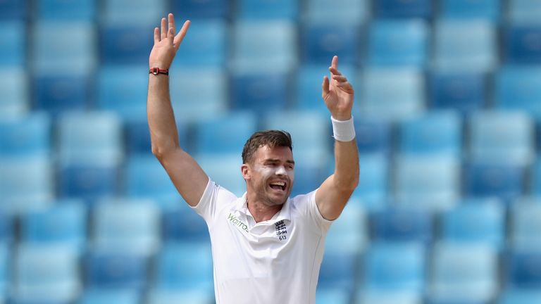  James Anderson of England celebrates dismissing Shan Masood of Pakistan during the 2nd Test in Dubai
