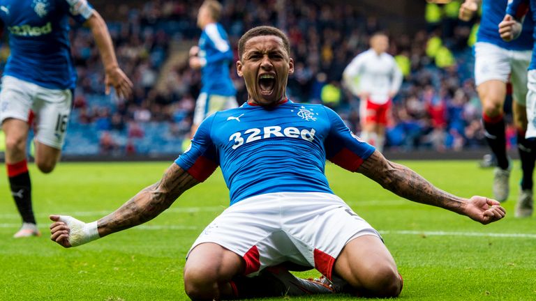 James Tavernier celebrates after scoring to give Rangers a 2-1 lead against Falkirk
