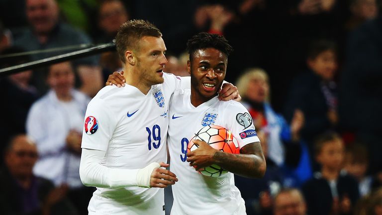 Jamie Vardy (left) set up Raheem Sterling's goal agaisnt Estonia on Friday and starts in Lithuania