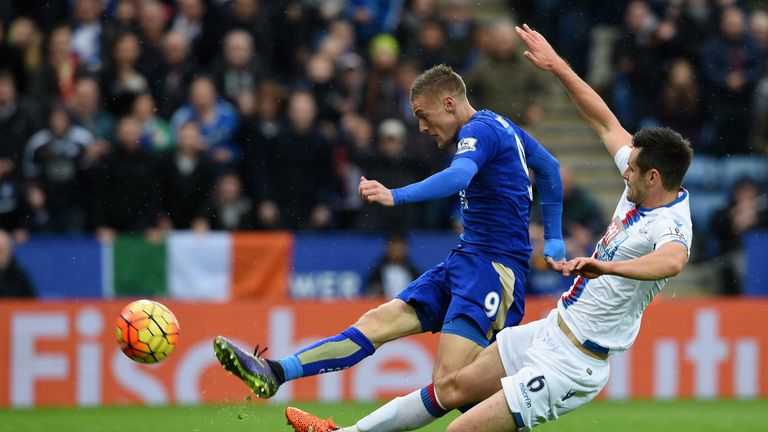Jamie Vardy of Leicester City scores his team's opening goal against Crystal Palace