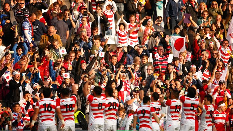 Japan players salute their fans at the Rugby World Cup