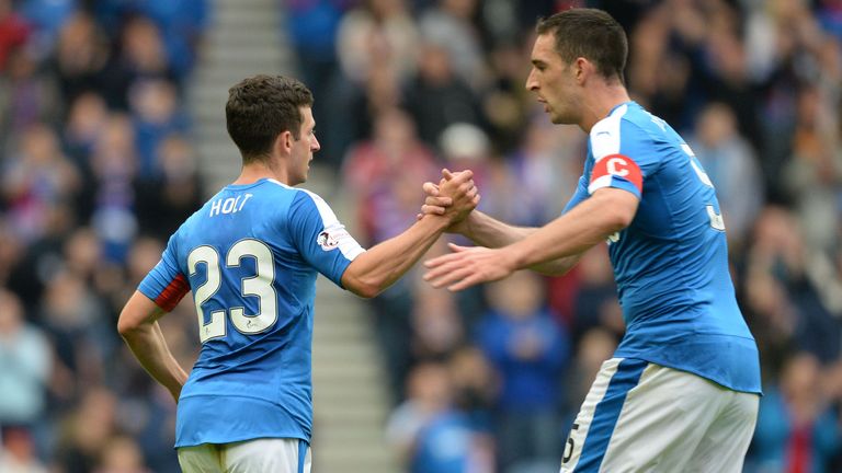 Rangers' Jason Holt (left) celebrates with Lee Wallace having pulled back an equaliser for his side